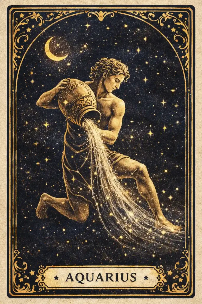 Aquarius meaning illustrated through a vintage tarot-style Aquarius figure pouring starlight