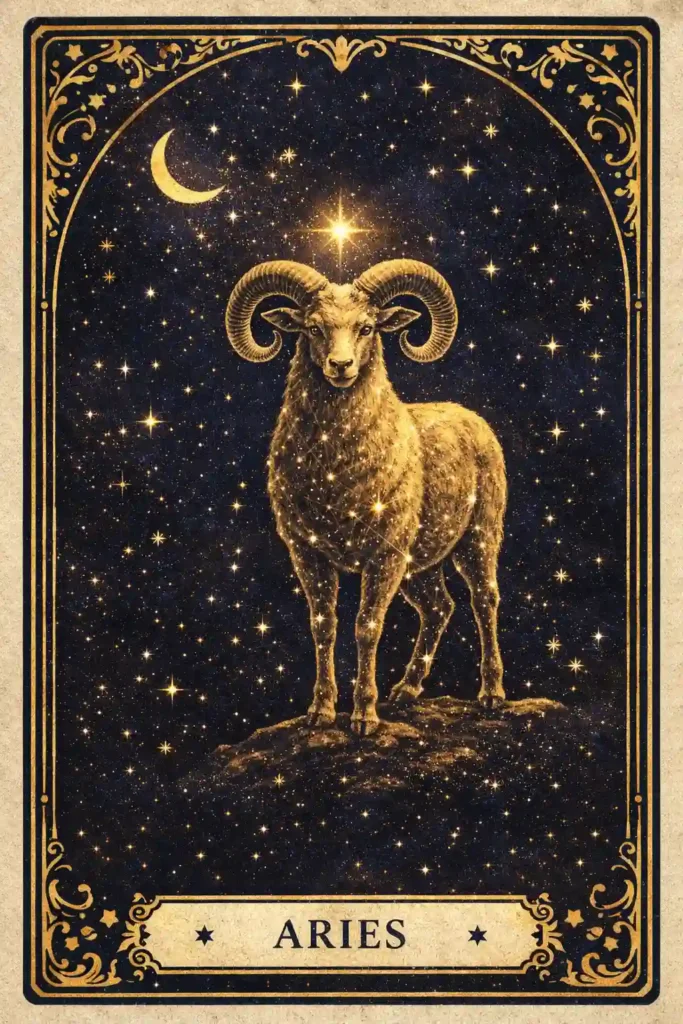 Aries meaning illustrated through a golden ram in vintage zodiac tarot style