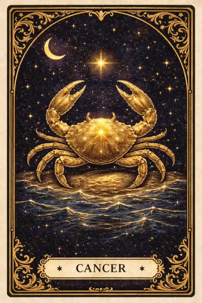 Cancer meaning illustrated through a golden crab zodiac card
