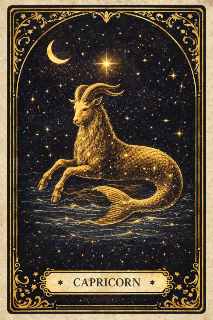 Capricorn meaning shown in a vintage Capricorn zodiac tarot illustration