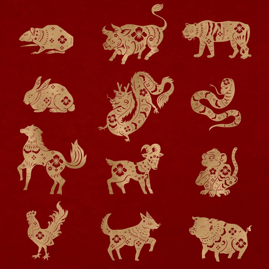 Chinese Zodiac animals gold papercut illustration on red background showing Rat, Ox, Tiger, Rabbit, Dragon, Snake, Horse, Goat, Monkey, Rooster, Dog, and Pig for Five Elements meaning and compatibility.