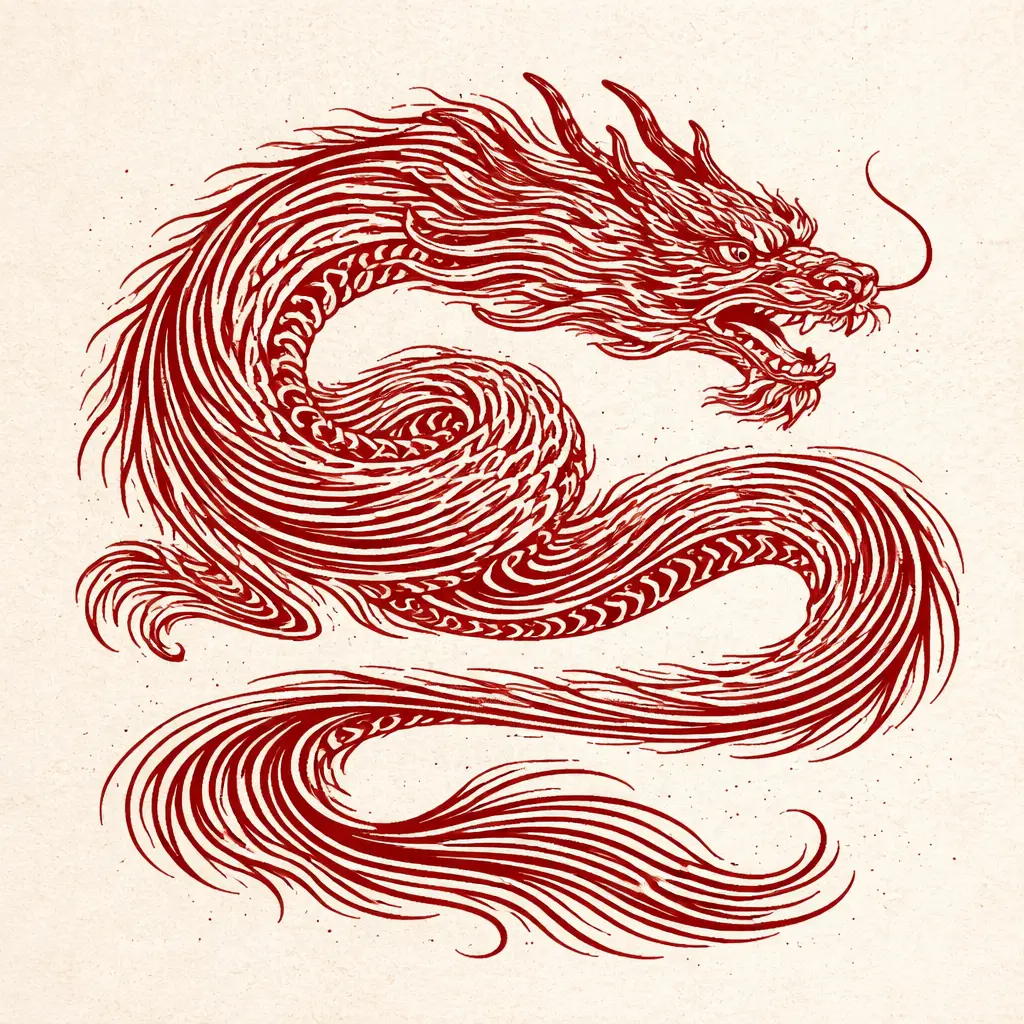 dragon zodiac meaning red ink dragon illustration in traditional Chinese engraving style