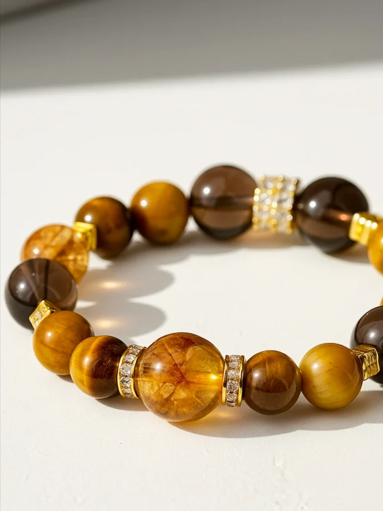 Earth Element meaning bracelet made with Tiger’s Eye and Smoky Quartz beads, symbolizing grounding, stability, and balance.