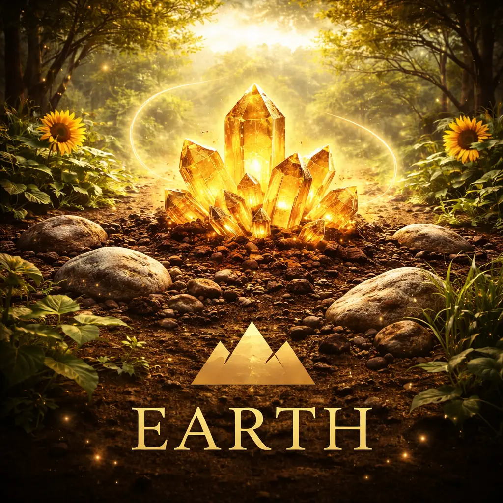 Earth Element meaning illustrated through glowing earth crystals and natural soil, symbolizing stability, balance, and grounding energy.