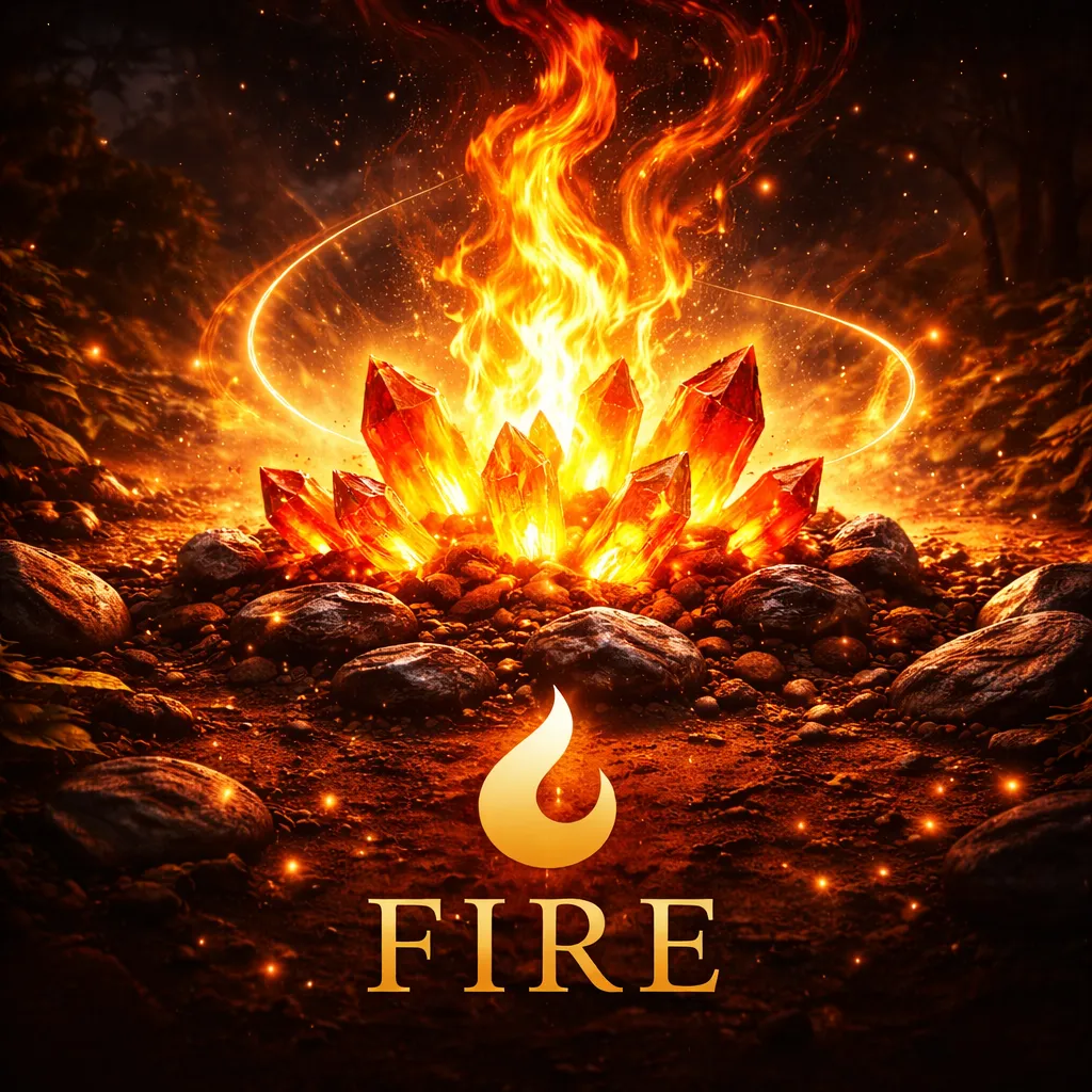 Fire Element meaning symbol with glowing flames and crystal energy