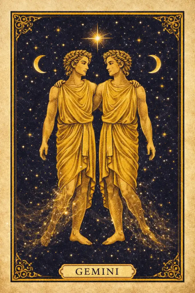 Gemini meaning represented through a classic tarot card illustration