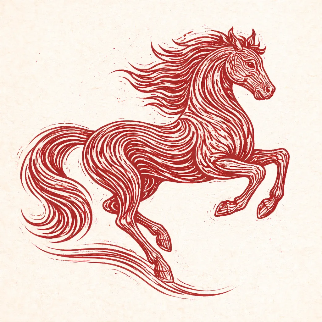 Red ink woodcut style horse illustration representing horse zodiac meaning