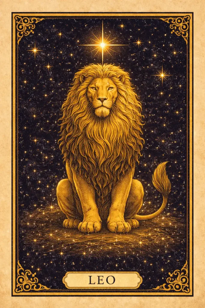 leo meaning expressed through a tarot-style lion illustration symbolizing strength and self-expression