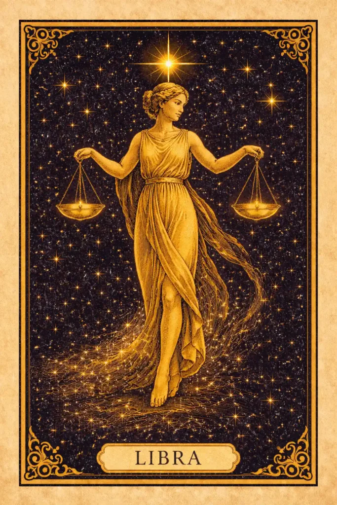 Libra meaning shown through a tarot-style illustration of the scales of justice