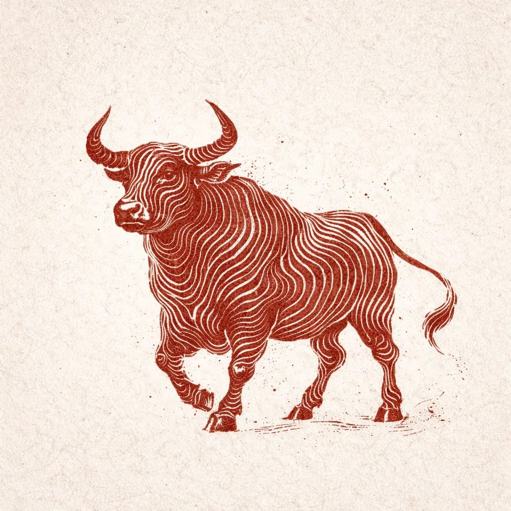 ox zodiac meaning illustrated in red woodcut style lines