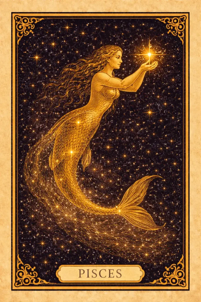 Pisces meaning tarot imagery showing a mystical mermaid figure holding light