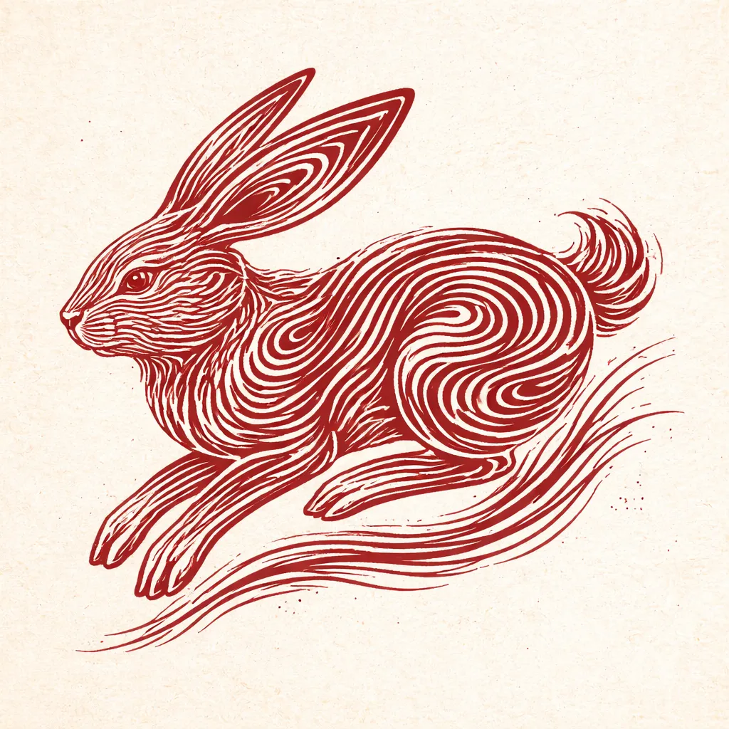 rabbit zodiac meaning illustrated in traditional red ink woodcut style rabbit