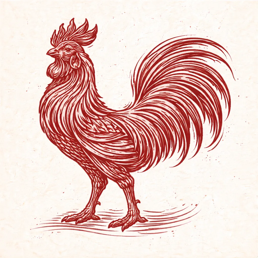 rooster zodiac meaning illustrated through a traditional red woodcut style rooster
