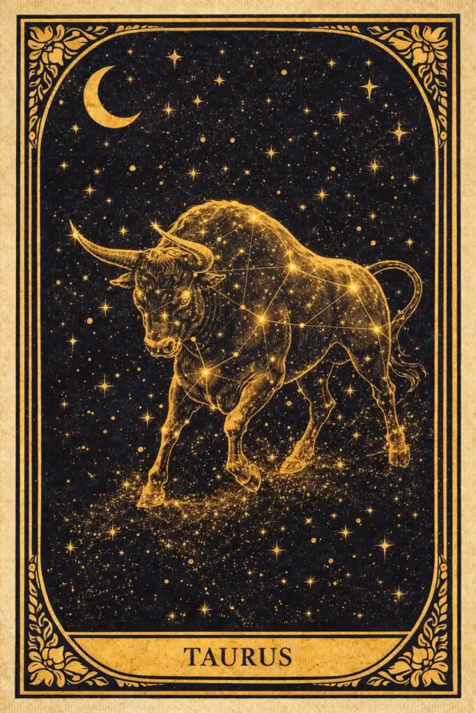 Taurus Meaning tarot card with golden bull and celestial symbolism