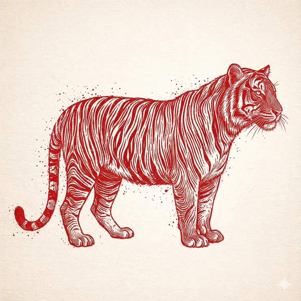 Tiger zodiac meaning illustrated with bold red woodcut-style contour lines, symbolizing strength and courage