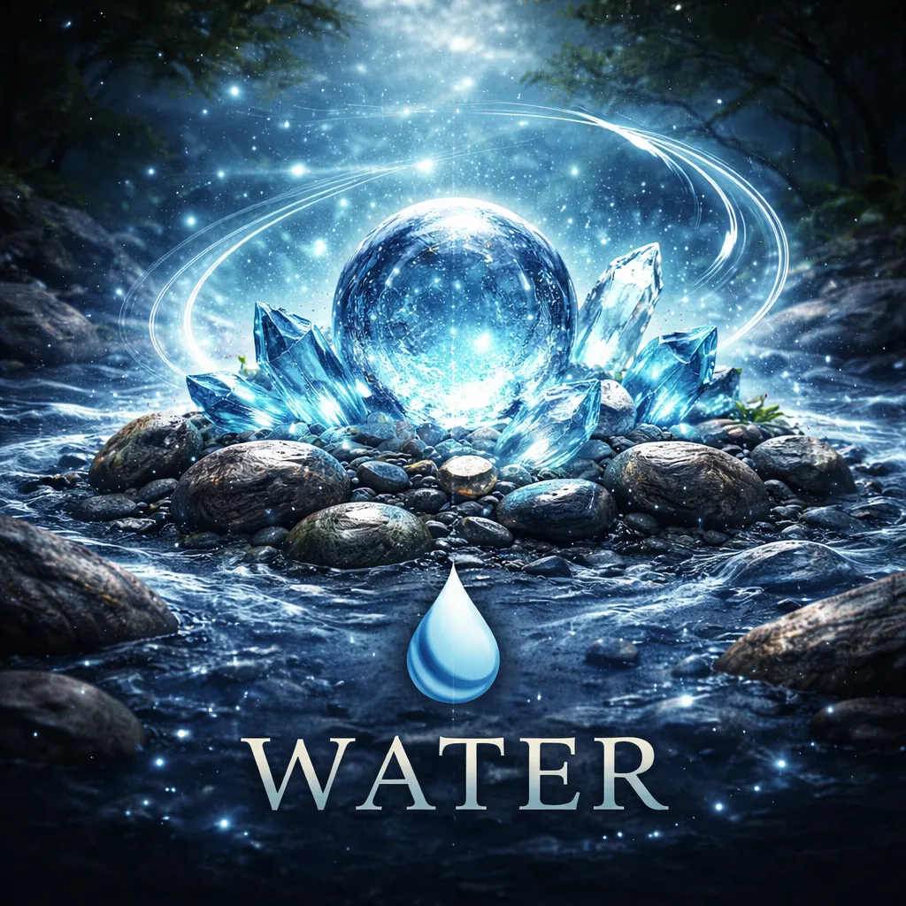 Water Element meaning represented by a glowing crystal sphere surrounded by flowing water and blue light