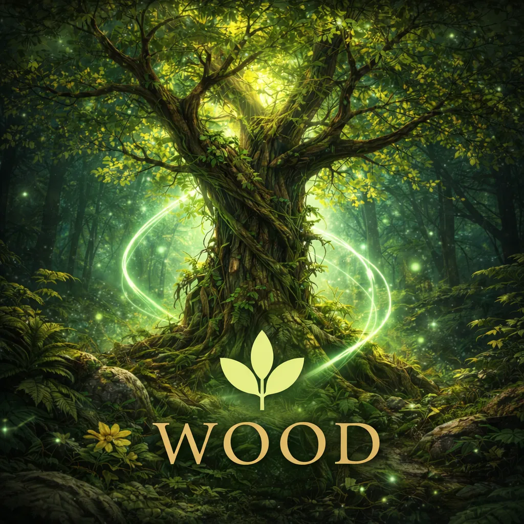 Wood Element meaning illustrated through a luminous tree of life in the forest