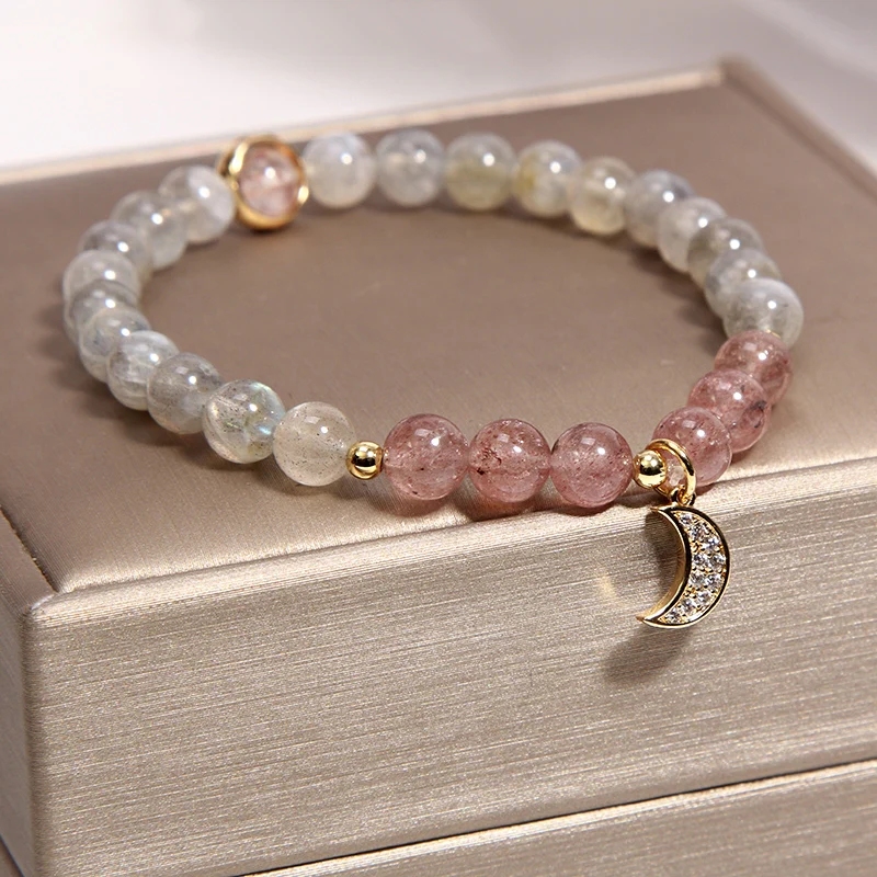 crystal bracelets moon charm natural gemstone beaded bracelet pink and clear crystal design