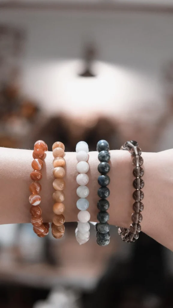 crystal bracelet brand natural beaded bracelets collection on wrist with multiple gemstone styles
