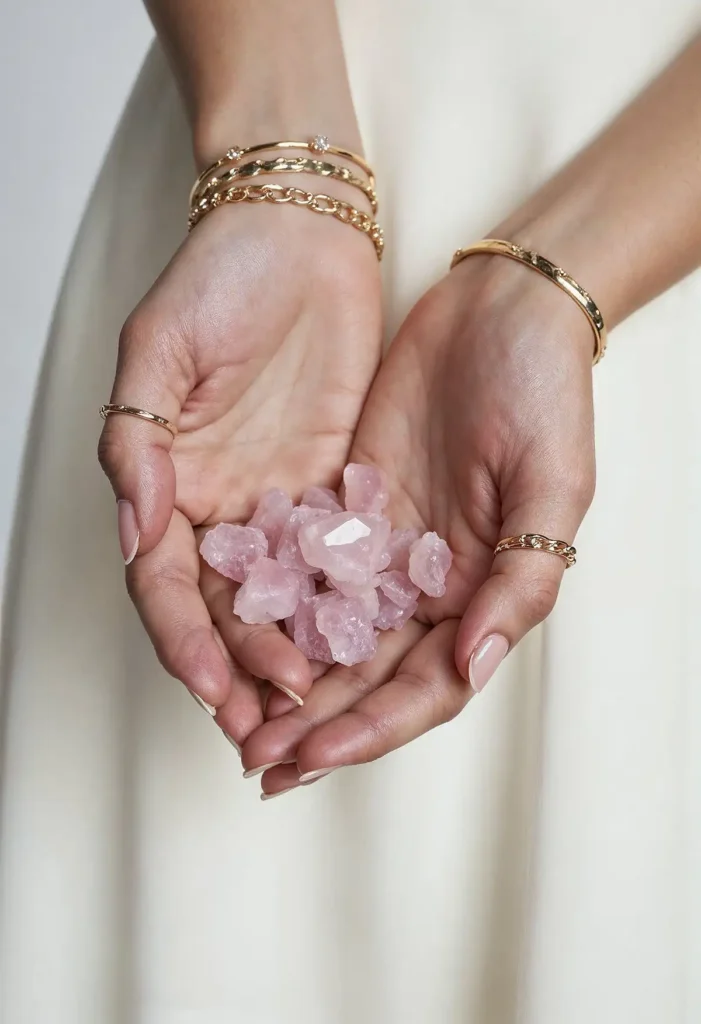 crystal bracelet brand rose quartz natural crystals held in hands symbolizing love and healing energy