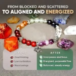 Bracelet with colorful beads and an infographic showing Before: overthinking, low motivation, mood swings; After: inner peace, energized flow, balanced energy.