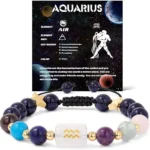 Infographic of the aquarius birthstone bracelet identifying Amethyst, Garnet, and Lapis Lazuli stones.