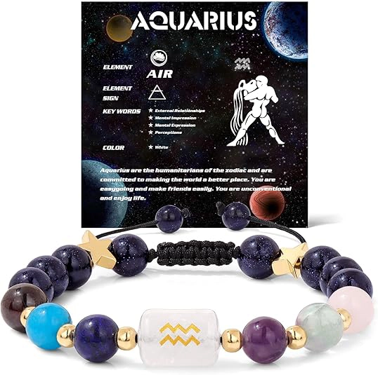 Infographic of the aquarius birthstone bracelet identifying Amethyst, Garnet, and Lapis Lazuli stones.