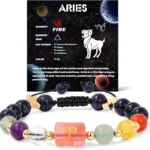 Infographic of the aries birthstone bracelet identifying Red Jasper, Garnet, and Tiger's Eye.