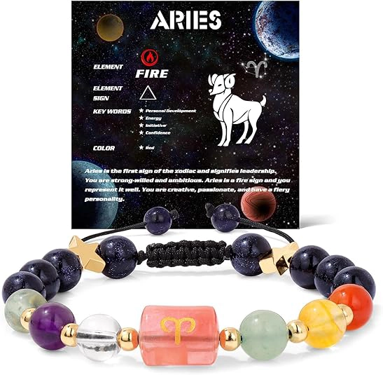 Infographic of the aries birthstone bracelet identifying Red Jasper, Garnet, and Tiger's Eye.