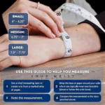 Close-up of a wrist being measured with a tape measure; blue panels show Small, Medium, Large sizes and measurement steps.