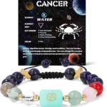Infographic of the cancer birthstone bracelet identifying Moonstone, Rose Quartz, and Rhodonite.