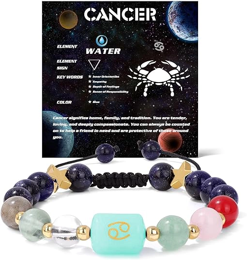 Infographic of the cancer birthstone bracelet identifying Moonstone, Rose Quartz, and Rhodonite.