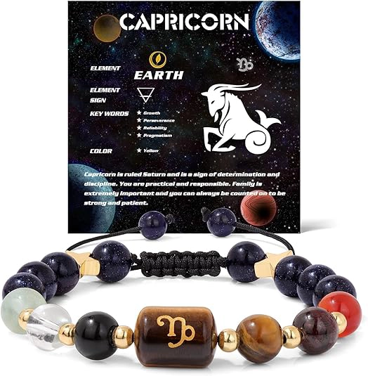 Infographic of the capricorn birthstone bracelet identifying Garnet, Tiger's Eye, and Black Obsidian.