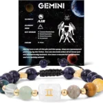 Infographic of the gemini birthstone bracelet identifying stones like Citrine, Tiger's Eye, and Amethyst.