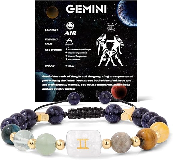 Infographic of the gemini birthstone bracelet identifying stones like Citrine, Tiger's Eye, and Amethyst.