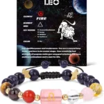 Infographic of the leo birthstone bracelet identifying stones like Tiger's Eye, Carnelian, and Sunstone.