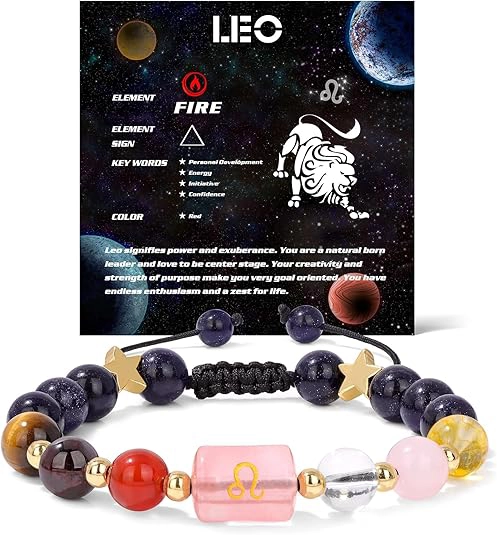 Infographic of the leo birthstone bracelet identifying stones like Tiger's Eye, Carnelian, and Sunstone.