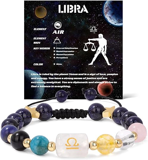 Infographic of the libra birthstone bracelet identifying Lapis Lazuli, Rose Quartz, and Labradorite.