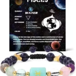 Infographic of the pisces birthstone bracelet identifying Aquamarine, Amethyst, and Labradorite.