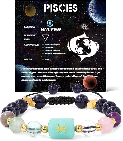 Infographic of the pisces birthstone bracelet identifying Aquamarine, Amethyst, and Labradorite.