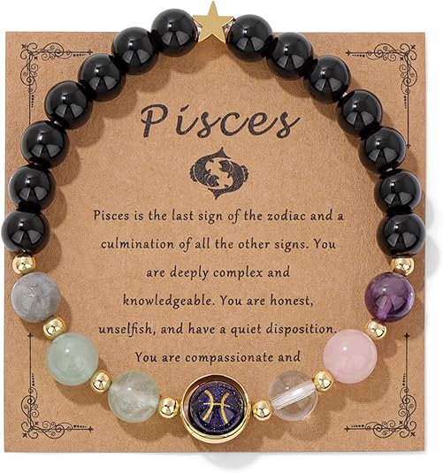 pisces crystal bracelet with zodiac card personality meaning calm intuitive energy jewelry