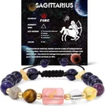 Infographic of the sagittarius birthstone bracelet identifying Turquoise, Sodalite, and Lapis Lazuli.