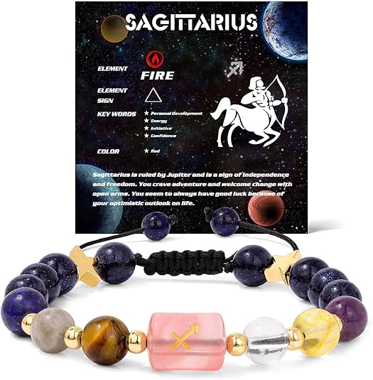 Infographic of the sagittarius birthstone bracelet identifying Turquoise, Sodalite, and Lapis Lazuli.