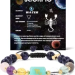 Infographic of the scorpio birthstone bracelet identifying Black Obsidian, Aquamarine, and Malachite.