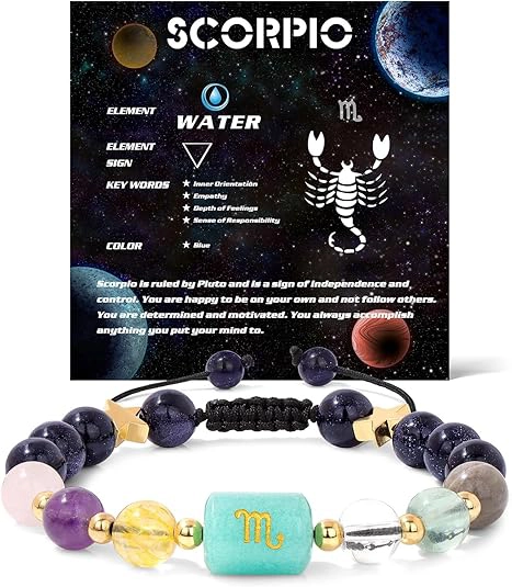 Infographic of the scorpio birthstone bracelet identifying Black Obsidian, Aquamarine, and Malachite.