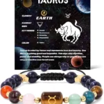 Infographic of the taurus birthstone bracelet identifying Rose Quartz, Green Aventurine, and Tiger's Eye.
