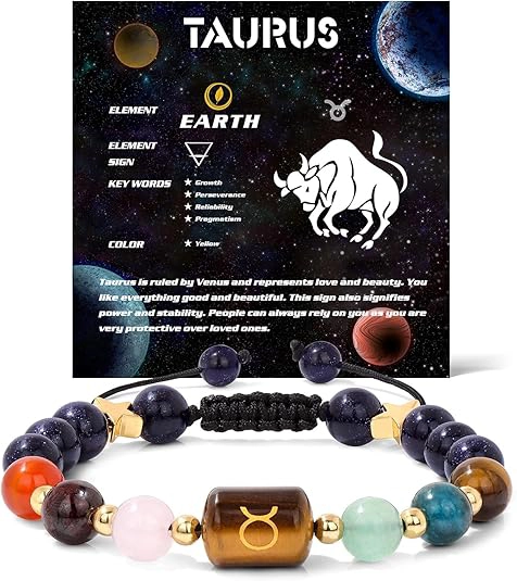 Infographic of the taurus birthstone bracelet identifying Rose Quartz, Green Aventurine, and Tiger's Eye.