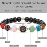Detailed view of a taurus crystal bracelet with labeled stones including Carnelian, Rose Quartz, and Tiger's Eye.