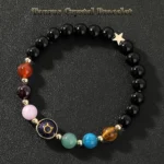 Close-up of the 8mm beads on a taurus crystal bracelet showing the unique patterns of Tiger's Eye and Aventurine.