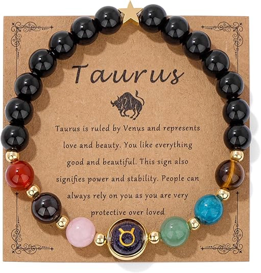 Taurus crystal bracelet displayed on a kraft paper card describing the Venus-ruled zodiac traits.